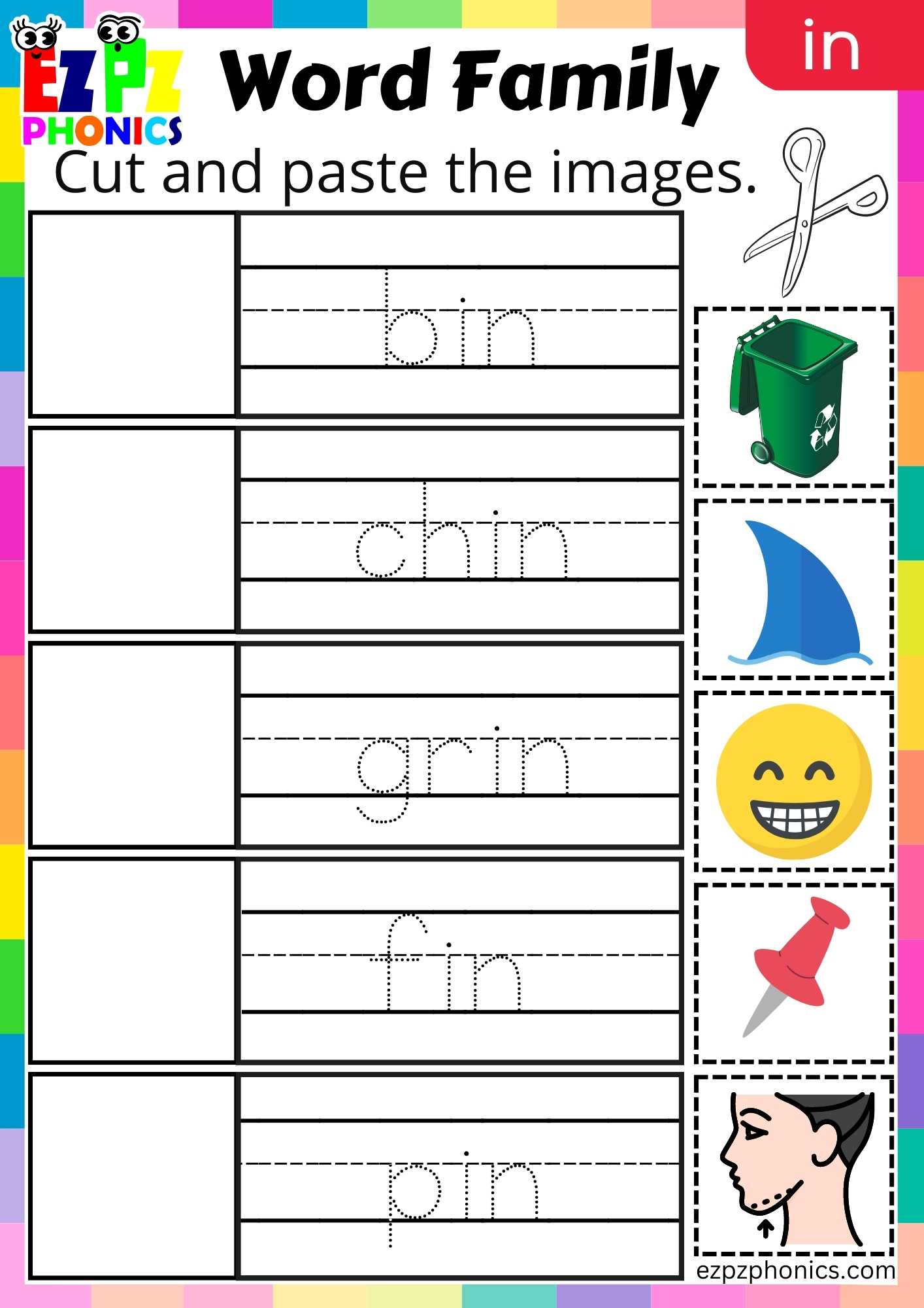 IN Words Cut And Paste The Images Phonics Word Families Worksheet